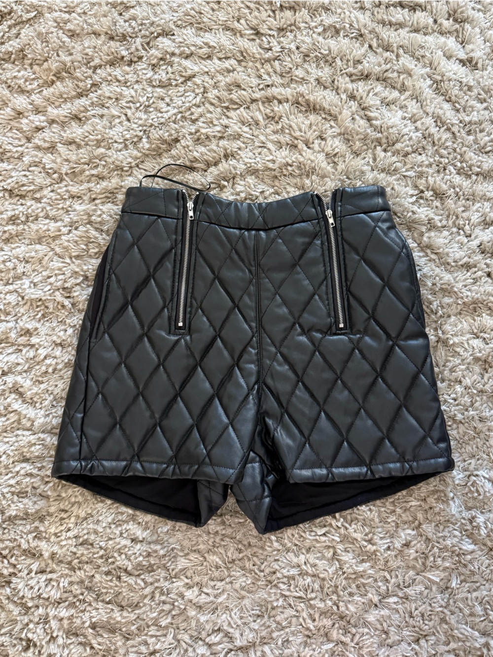 Fab’rik quilted Faux Leather Women's Black Shorts with Zipper Details